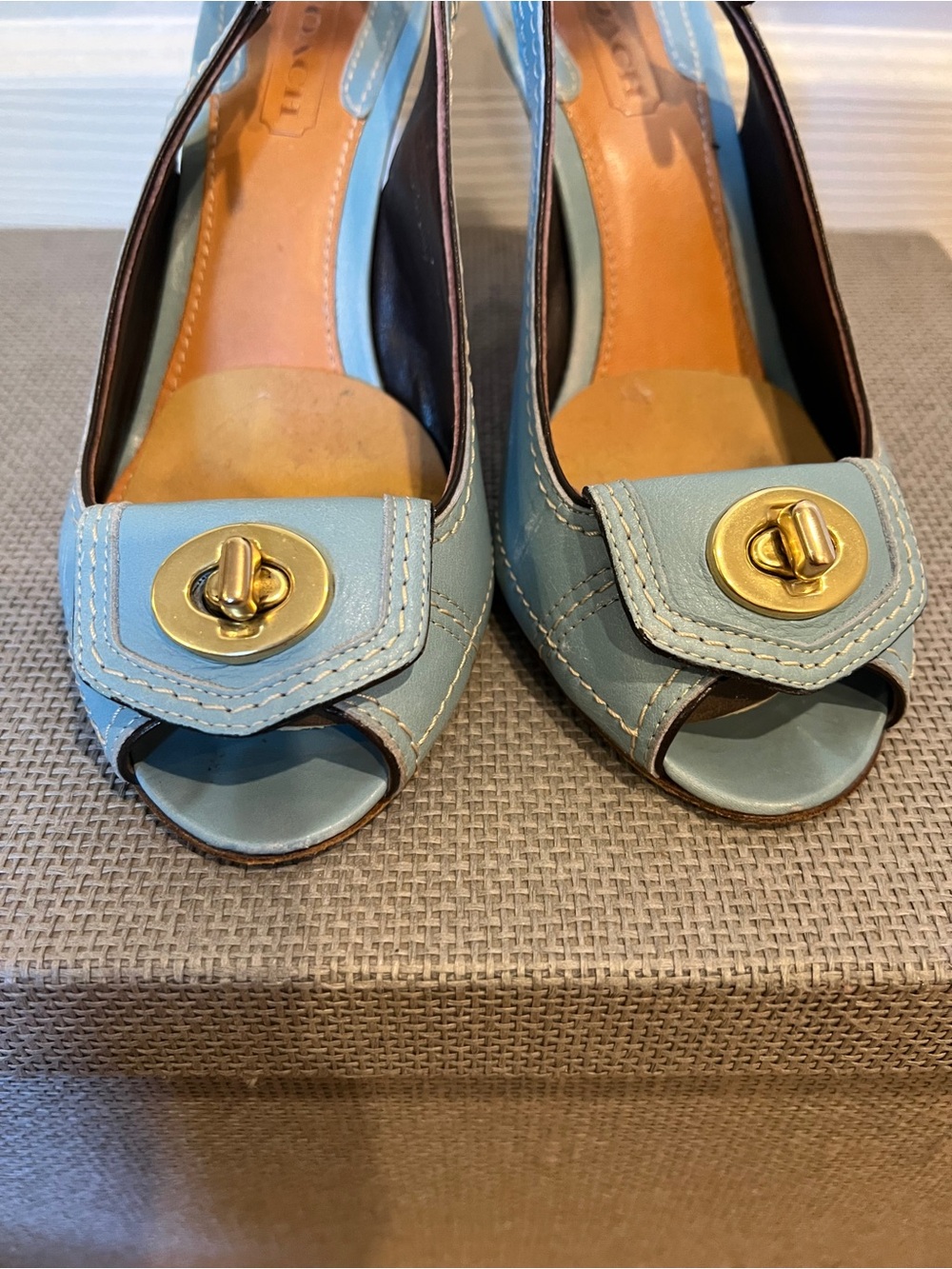 Coach Dori Light Blue Slingback Peep-Toe Heels with Gold Buckle Accent